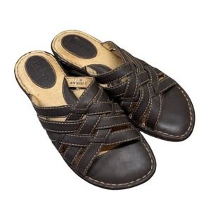 Born Brown Leather‎ Woven Wedge Slide Sandals Womens Size 7
